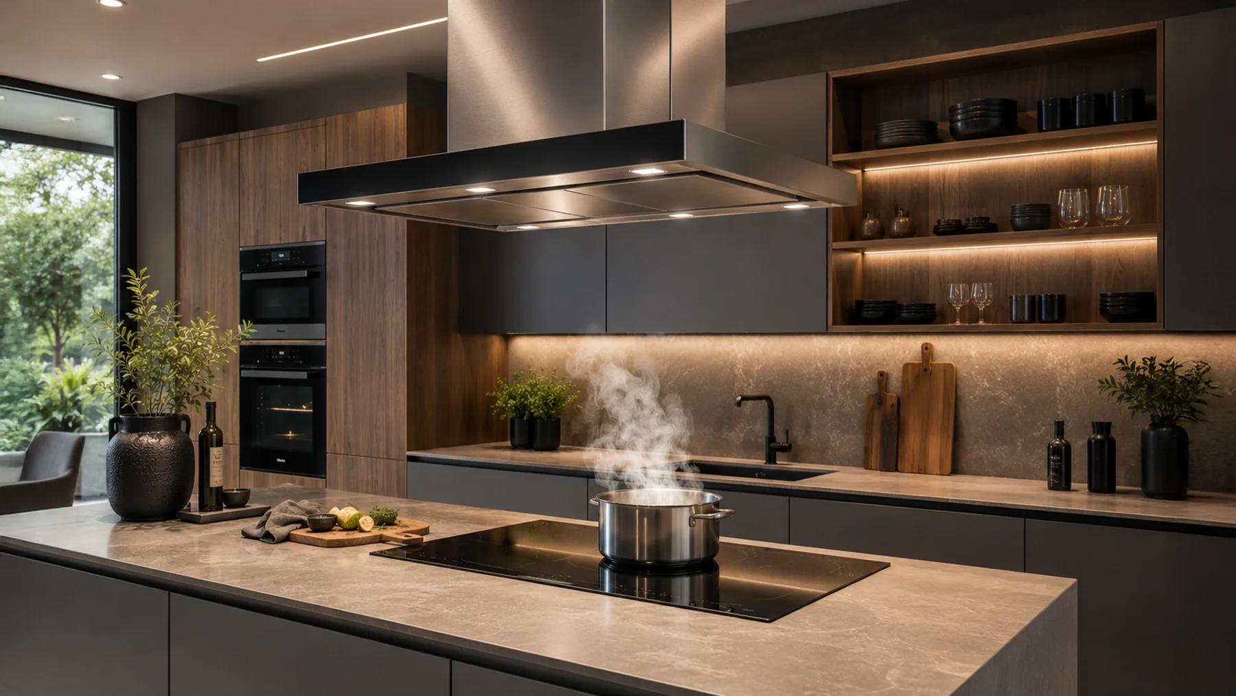 Moderne Küche mit eleganter Dunstabzugshaube über dem Kochfeld