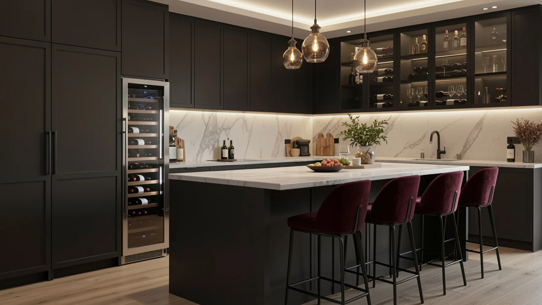 Weinkühlschrank in moderner Küche integriert